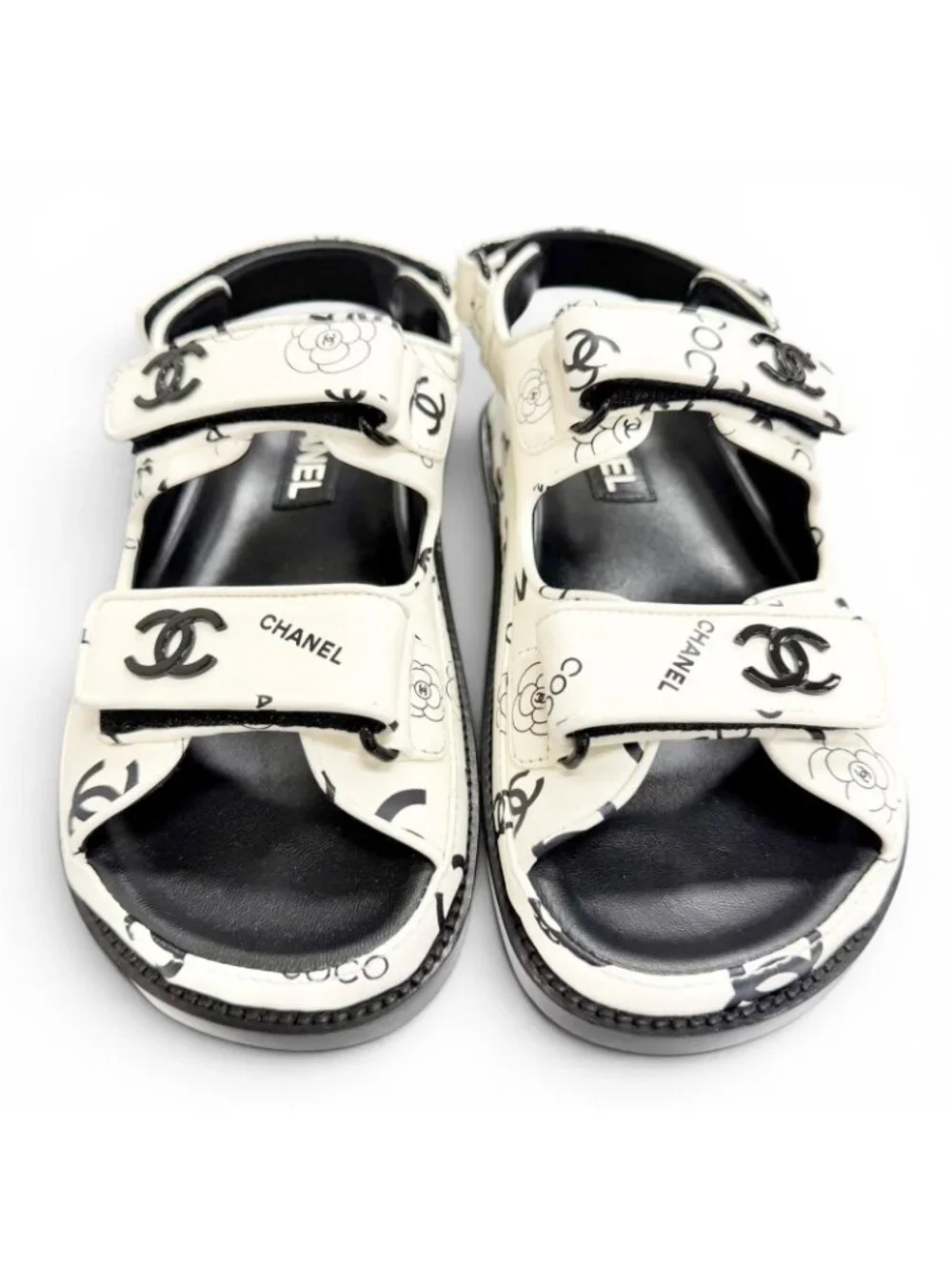 Chanel CC Logo Camellia Velcro Flat Leather Sandals White Black